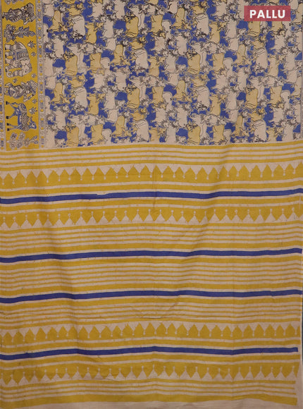 Kalamkari cotton saree blue beige and yellow with allover prints and printed border