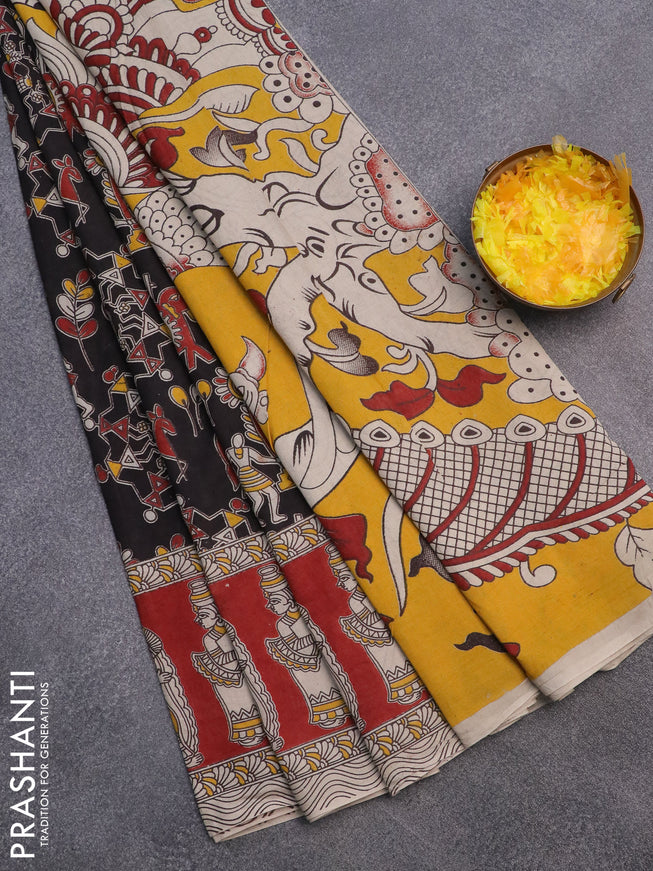 Kalamkari cotton saree black and maroon with allover prints and printed border