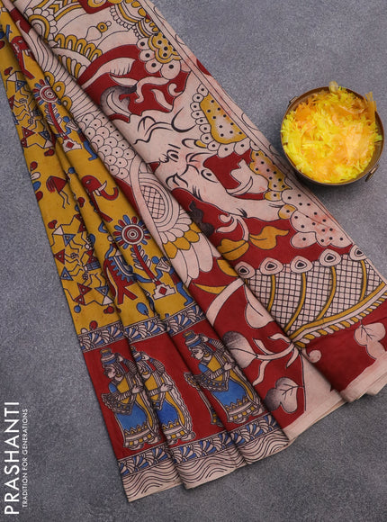 Kalamkari cotton saree yellow and maroon with allover prints and printed border