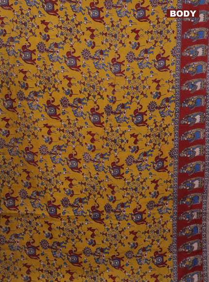 Kalamkari cotton saree yellow and maroon with allover prints and printed border