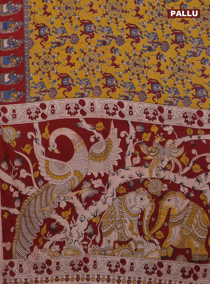 Kalamkari cotton saree yellow and maroon with allover prints and printed border