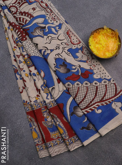 Kalamkari cotton saree beige and maroon with allover prints and printed border