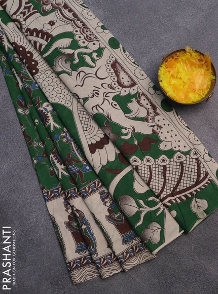 Kalamkari cotton saree green and beige with allover prints and printed border