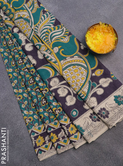 Kalamkari cotton saree teal green and deep jamun shade with allover prints and printed border