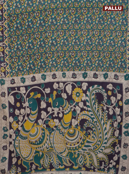 Kalamkari cotton saree teal green and deep jamun shade with allover prints and printed border