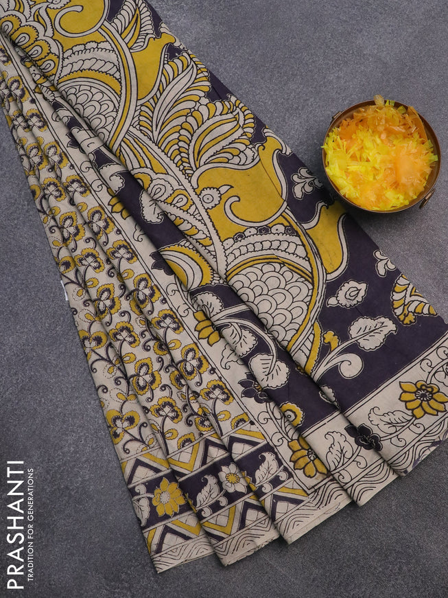 Kalamkari cotton saree beige and black with allover prints and printed border