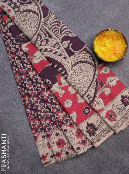 Kalamkari cotton saree deep purple and beige with allover prints and printed border