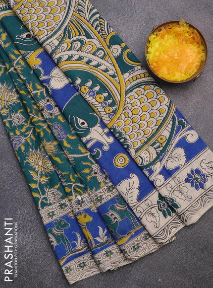 Kalamkari cotton saree green and blue with allover prints and printed border