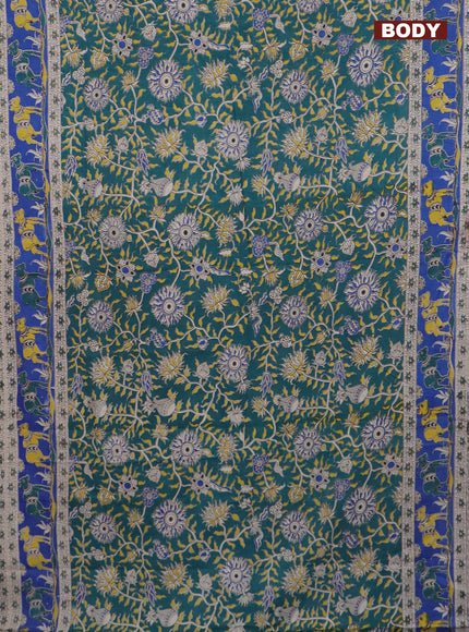 Kalamkari cotton saree green and blue with allover prints and printed border