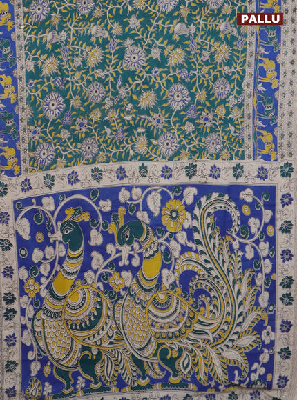 Kalamkari cotton saree green and blue with allover prints and printed border