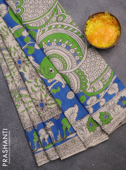 Kalamkari cotton saree beige and cs blue with allover prints and printed border