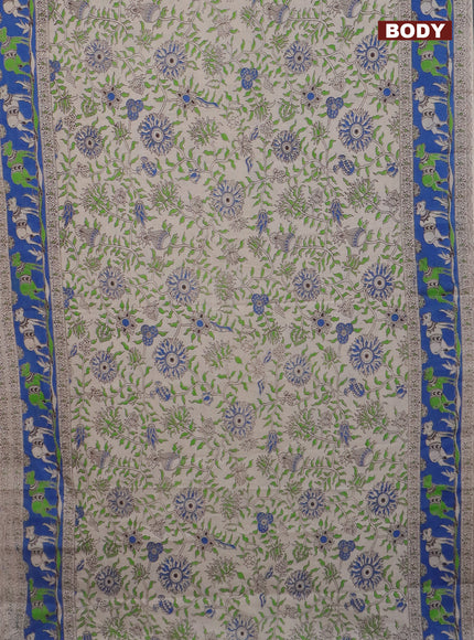 Kalamkari cotton saree beige and cs blue with allover prints and printed border