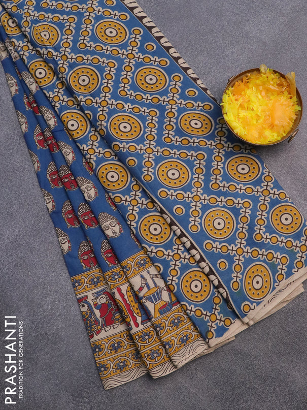 Kalamkari cotton saree blue and yellow with butta prints and printed border