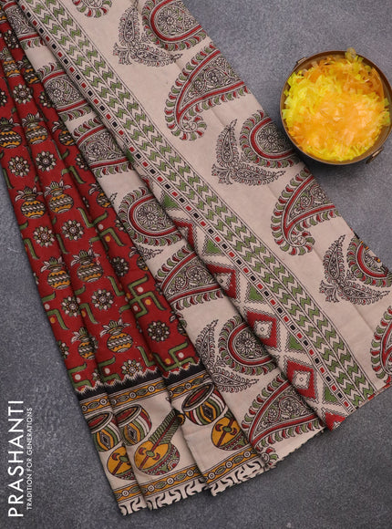 Kalamkari cotton saree maroon and beige with allover prints and printed border