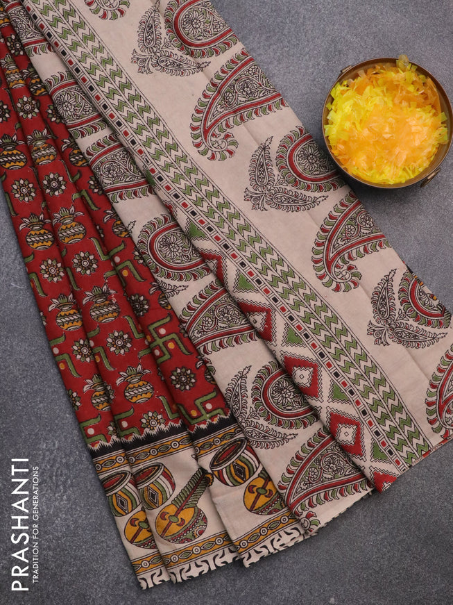 Kalamkari cotton saree maroon and beige with allover prints and printed border