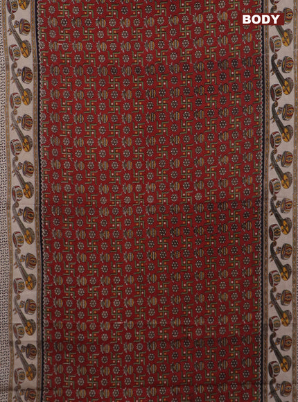 Kalamkari cotton saree maroon and beige with allover prints and printed border