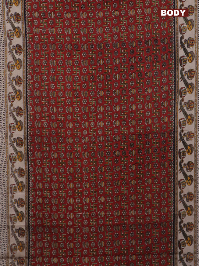 Kalamkari cotton saree maroon and beige with allover prints and printed border