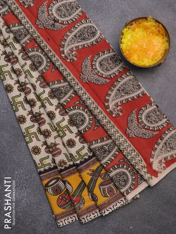 Kalamkari cotton saree cream and mango yellow with allover prints and printed border