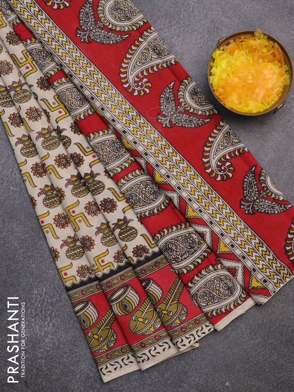 Kalamkari cotton saree cream and red with allover prints and printed border