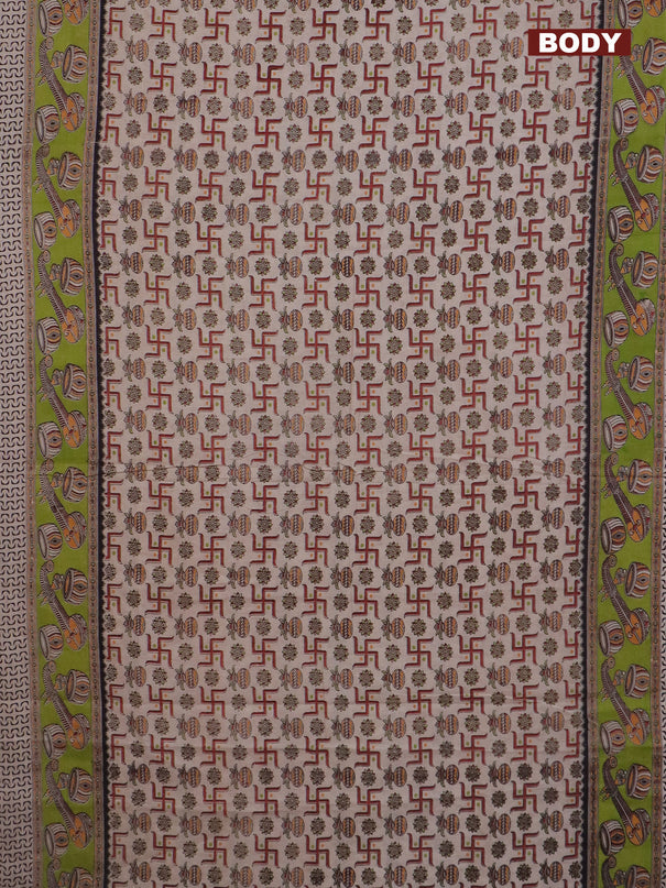 Kalamkari cotton saree beige and green with allover prints and printed border