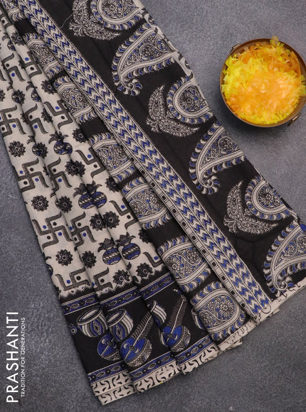 Kalamkari cotton saree beige and black with allover prints and printed border