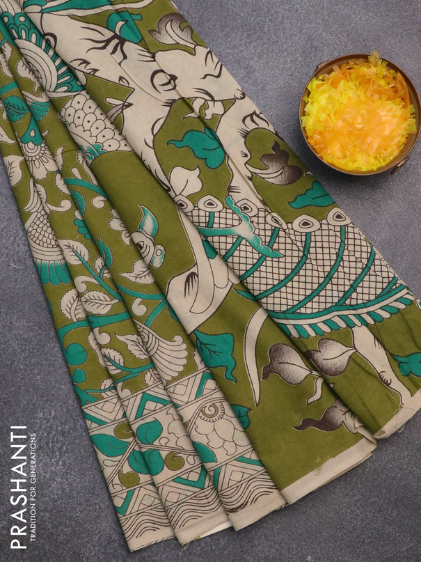 Kalamkari cotton saree mehendi green and beige with allover prints and printed border