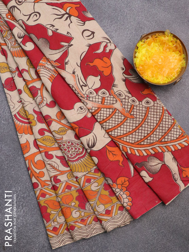 Kalamkari cotton saree beige and yellow with allover prints and printed border