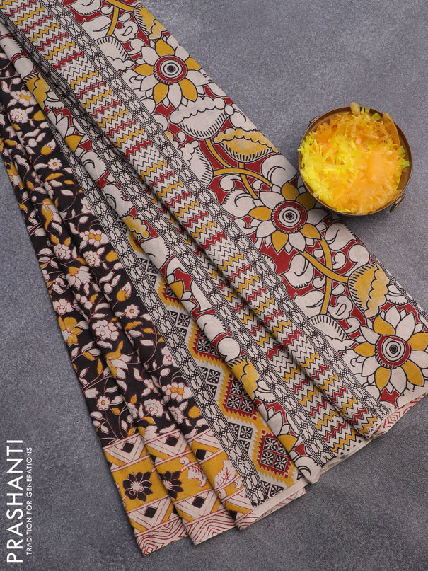 Kalamkari cotton saree black and yellow with allover prints and printed border