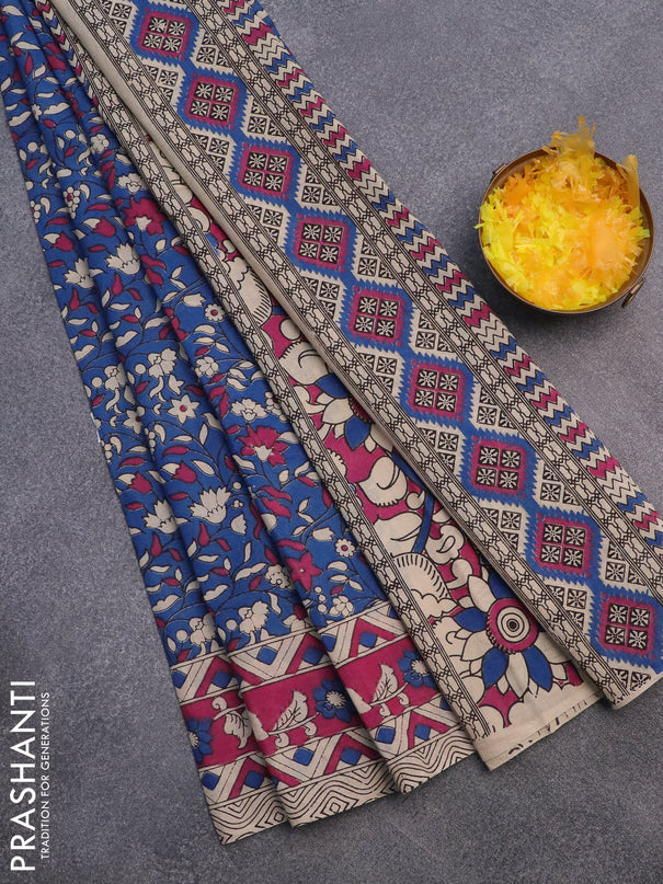 Kalamkari cotton saree blue and pink with allover prints and printed border