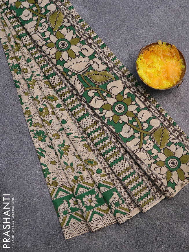 Kalamkari cotton saree beige and green with allover prints and printed border