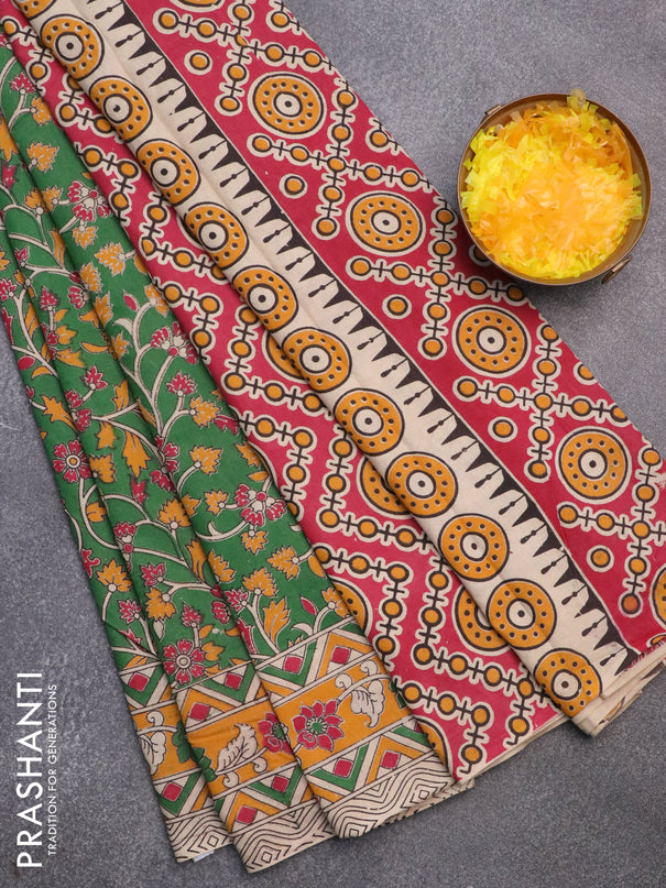 Kalamkari cotton saree green and mango yellow with allover prints and printed border