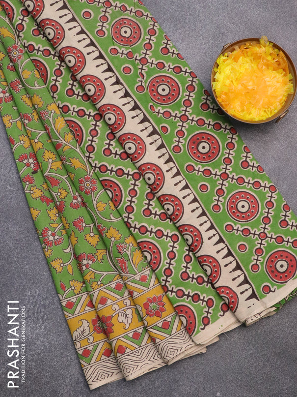 Kalamkari cotton saree green and yellow with allover prints and printed border