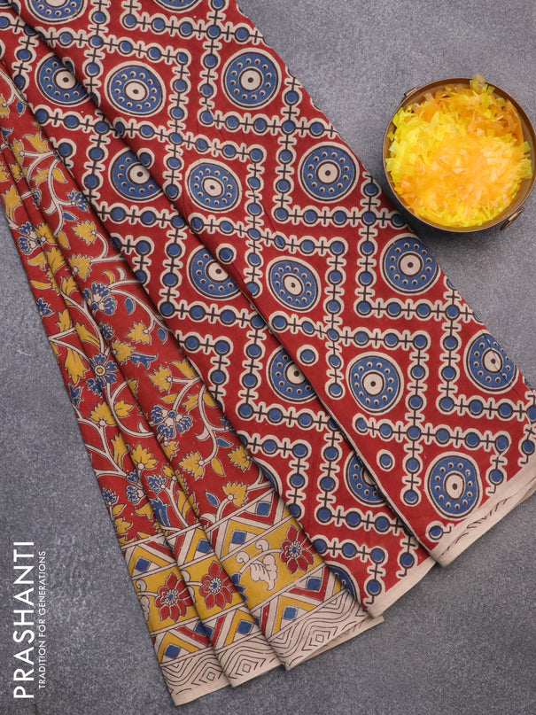 Kalamkari cotton saree maroon and yellow with allover prints and printed border