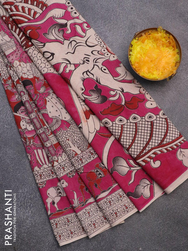 Kalamkari cotton saree pink and maroon with allover prints and printed border