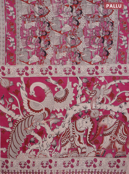 Kalamkari cotton saree pink and maroon with allover prints and printed border