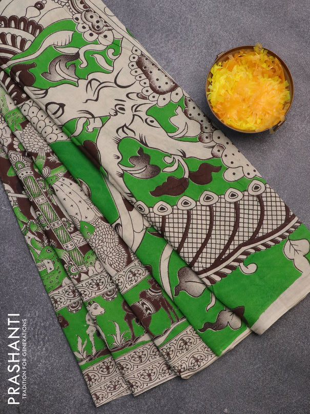 Kalamkari cotton saree brown and parrot green with allover prints and printed border