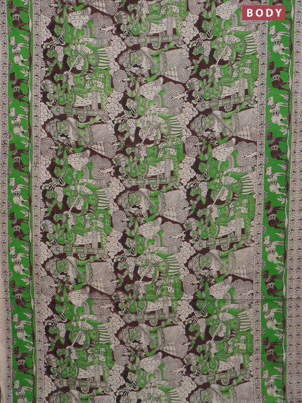 Kalamkari cotton saree brown and parrot green with allover prints and printed border