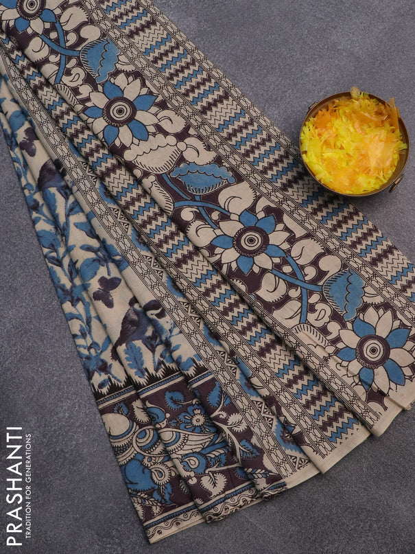 Kalamkari cotton saree beige and deep jamun shade with allover prints and printed border