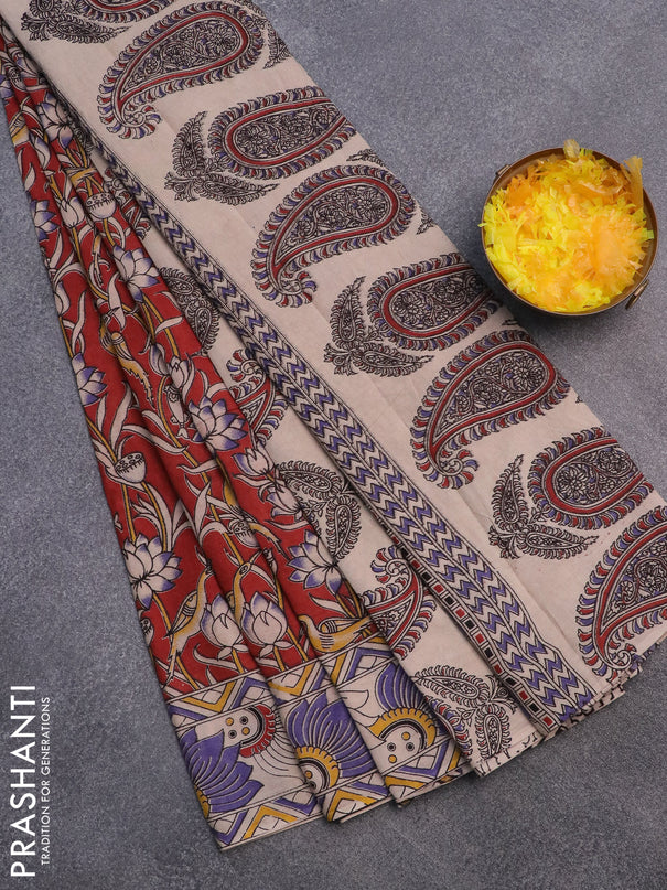 Kalamkari cotton saree maroon and beige with allover prints and printed border