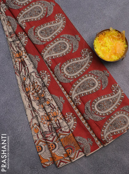 Kalamkari cotton saree beige and orange with allover prints and printed border