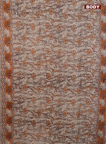 Kalamkari cotton saree beige and orange with allover prints and printed border