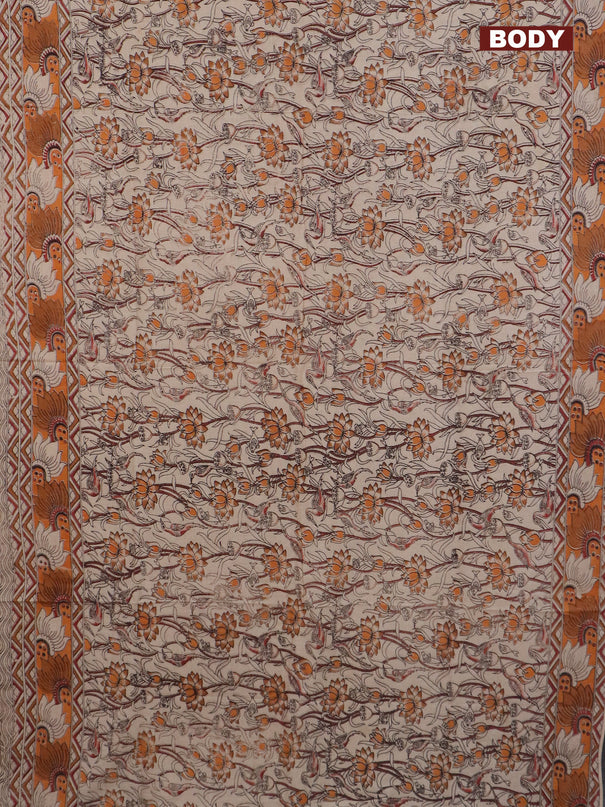 Kalamkari cotton saree beige and orange with allover prints and printed border