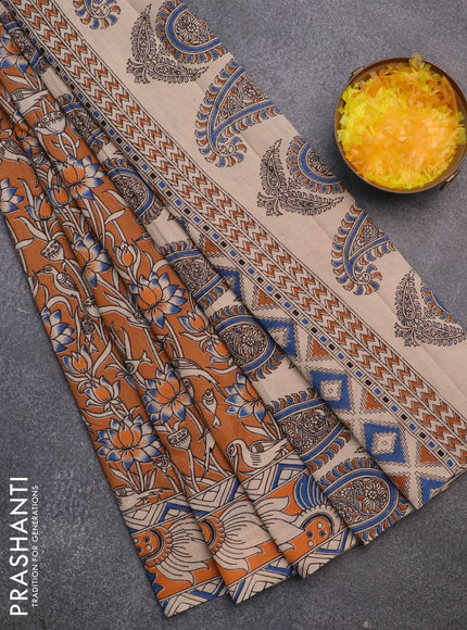 Kalamkari cotton saree orange and beige with allover prints and printed border