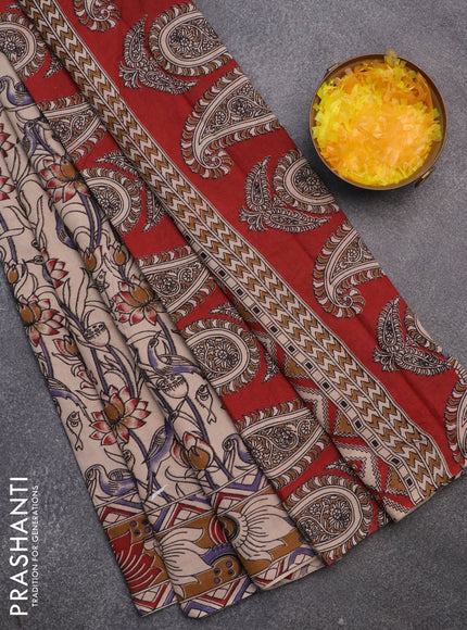 Kalamkari cotton saree beige and dark mustard with allover prints and printed border