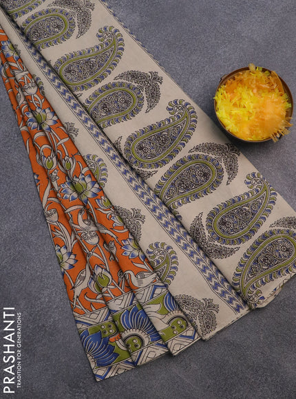 Kalamkari cotton saree orange and beige with allover prints and printed border