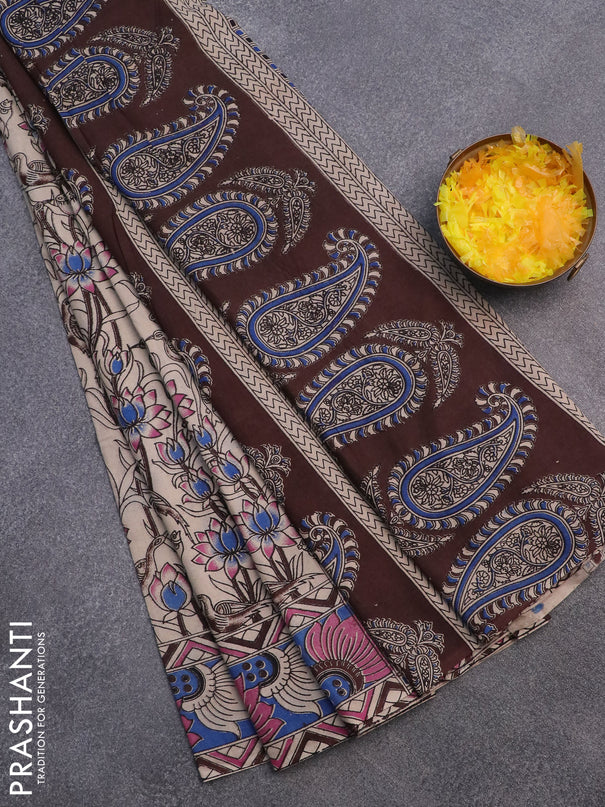 Kalamkari cotton saree beige and blue with allover prints and printed border