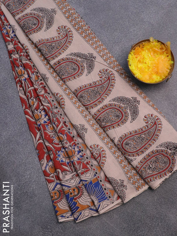 Kalamkari cotton saree maroon and orange blue with allover prints and printed border