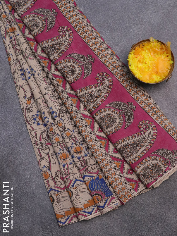 Kalamkari cotton saree beige and orange blue with allover prints and printed border