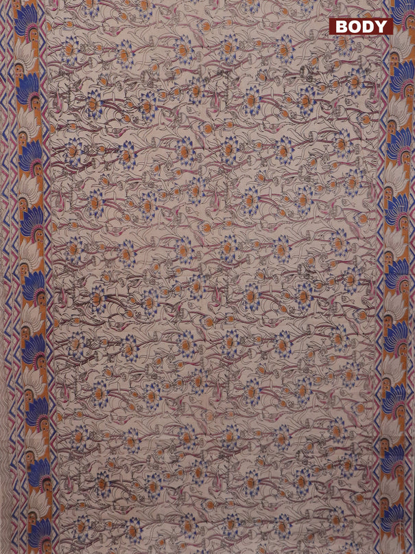 Kalamkari cotton saree beige and orange blue with allover prints and printed border