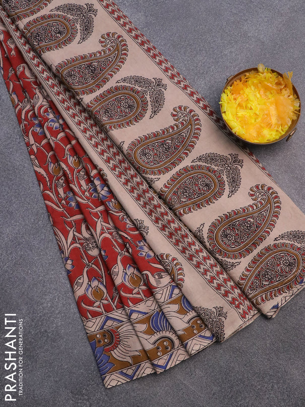 Kalamkari cotton saree maroon and dark mustard with allover prints and printed border